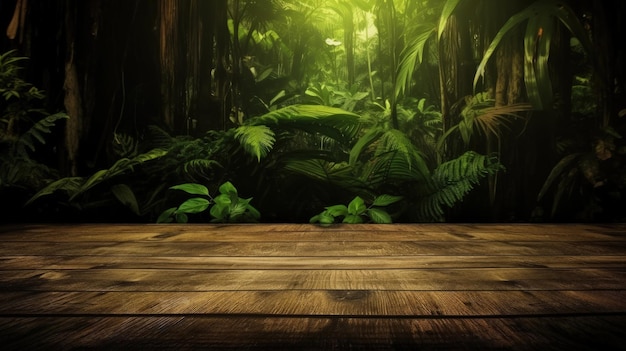 Un pavimento di legno di fronte a una scena di giungla generativa AI