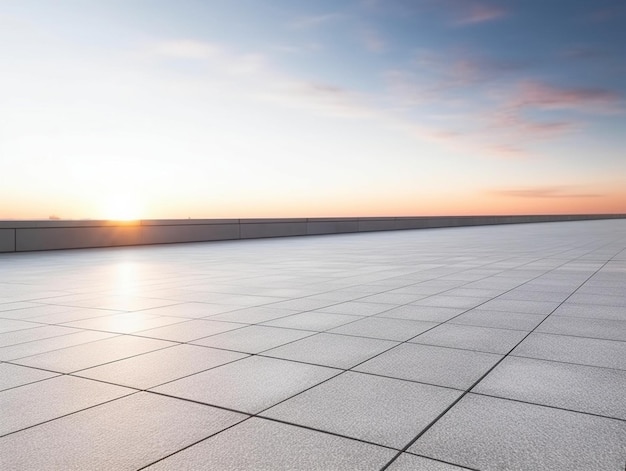 Un pavimento di piastrelle con un tramonto sullo sfondo