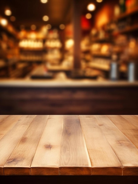 un pavimento in legno con un pavimento di legno e un pavimento In legno con uno sfondo sfocato di una panetteria con pane e pane
