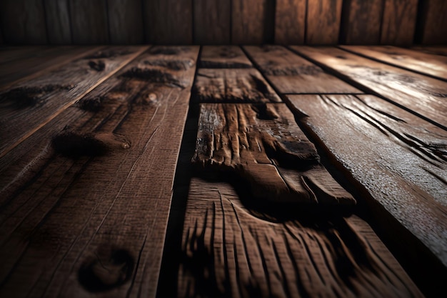 Un pavimento in legno con uno sfondo scuro e una stanza buia con una finestra sullo sfondo.