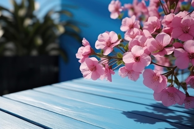 Un pavimento vuoto di legno con fiori rosa.