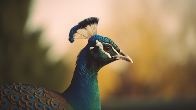 Un pavone con la testa blu e verde e una striscia bianca sul collo.