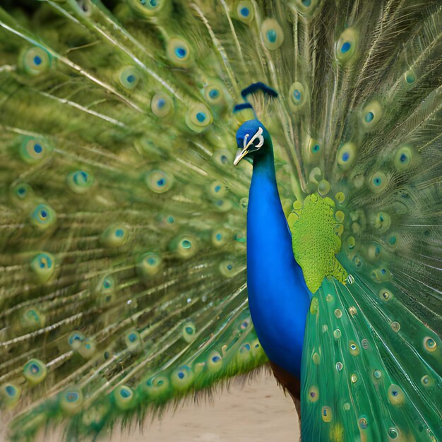 un pavone con un corpo blu e piume verdi