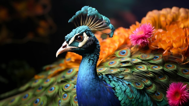 Un pavone con una coda colorata è mostrato su uno sfondo verde