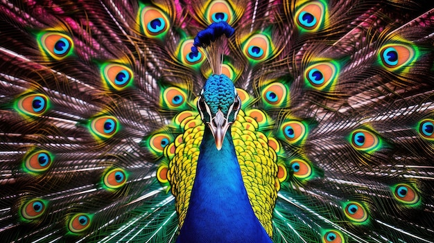 un pavone con una coda colorata è mostrato sullo sfondo di piume di pavone.