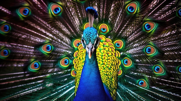 un pavone dalla coda colorata è raffigurato con uno sfondo di piume.