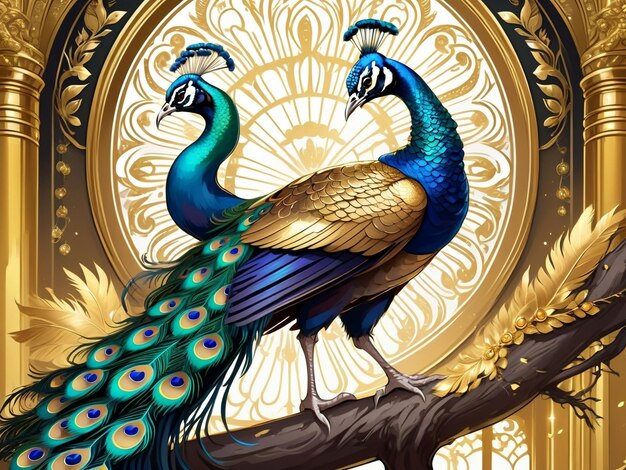 un pavone seduto in cima a un albero pavone arte digitale squisita piume d'oro bella arte