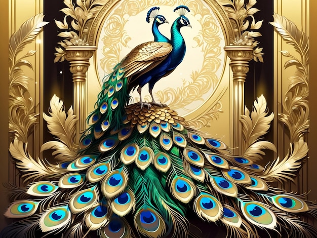 un pavone seduto in cima a un albero pavone squisita arte digitale piume dorate bellissima arte