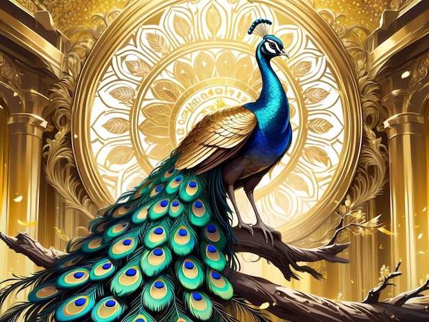 un pavone seduto in cima a un albero pavone squisita arte digitale piume dorate bellissima arte