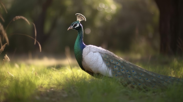 Un pavone si trova nell'erba con il sole che splende su di esso.