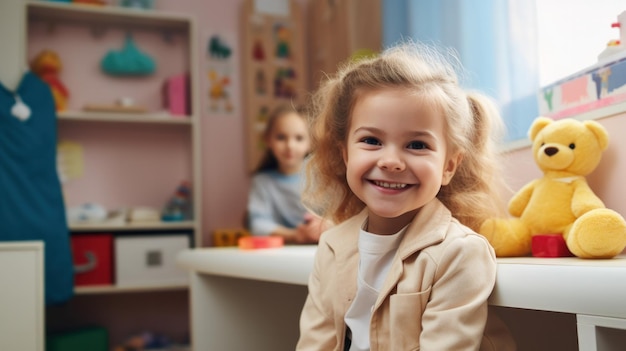 Un pediatra in una clinica fa un controllo a un bambino sorridente, la stanza è piena di giocattoli per creare un ambiente confortevole