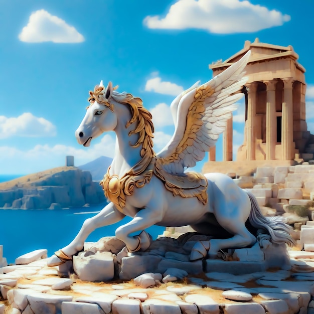 un Pegaso poggiato su una pietra intorno a una città greca in 3D