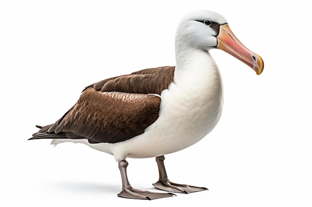 Un pellicano con un becco bianco e piume nere si erge su uno sfondo bianco.