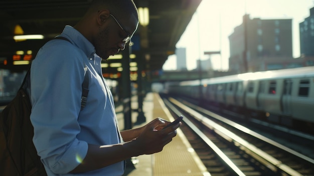 Un pendolare assorto nel suo telefono in una stazione della metropolitana illuminata dal sole