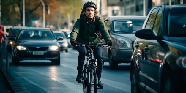 Un pendolare che guida con sicurezza una bicicletta in un mare di auto durante l'ora di punta Generativa IA