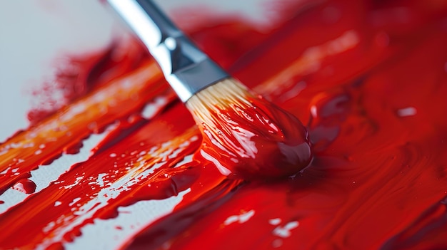 Un pennello con vernice rossa su di esso e uno sfondo bianco con un tratto rosso di vernice su di esso pittura