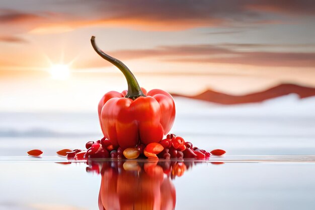 un pepe rosso con un gambo verde e bacche rosse sullo sfondo di un tramonto.