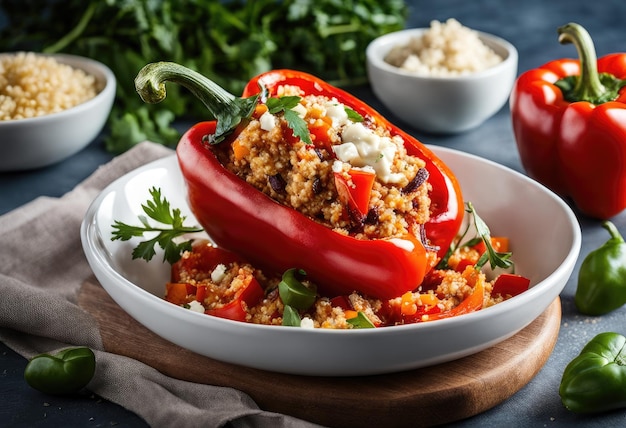 Un peperone ripieno di verdure con quinoa