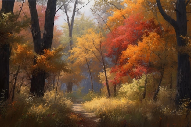 Un percorso attraverso i boschi in autunno con alberi