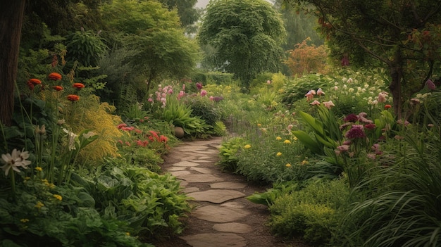 Un percorso attraverso un giardino con fiori e piante.