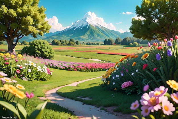 Un percorso attraverso un giardino fiorito con una montagna sullo sfondo.