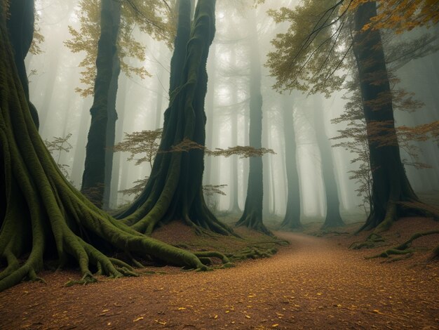 Un percorso attraverso una foresta con alberi e foglie sul terreno