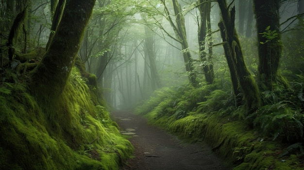 Un percorso attraverso una foresta con alberi verdi e nebbia