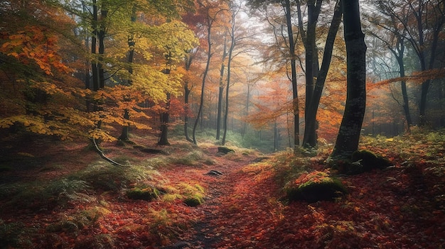 Un percorso attraverso una foresta con foglie autunnali