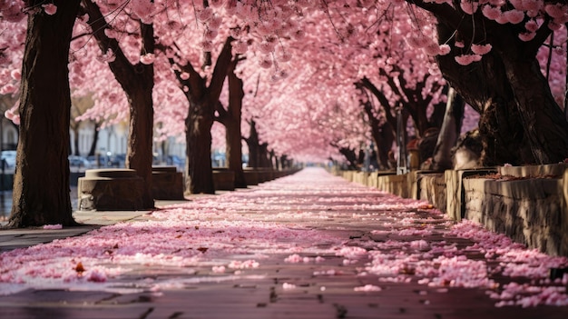 un percorso che attraversa una chioma di alberi di Sakura in fiore Viale dei ciliegi in fiore Sakura Splendido