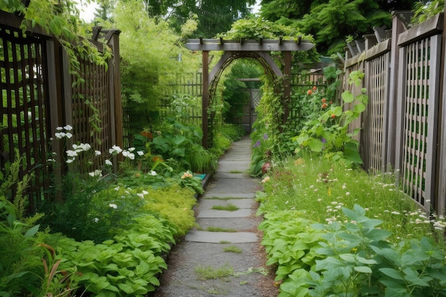 Un percorso del giardino con staccionata in legno e graticci su entrambi i lati