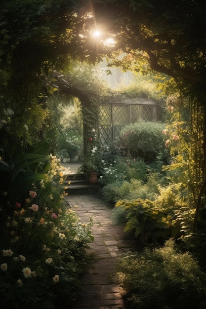Un percorso del giardino con un cancello e fiori