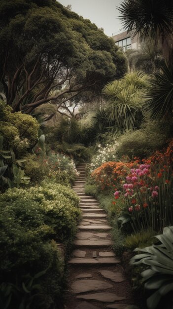 Un percorso in giardino con un sentiero in pietra che conduce ad un giardino con fiori e piante.