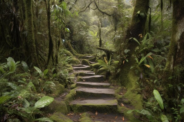 Un percorso nel mezzo di una lussureggiante foresta verde generativa AI