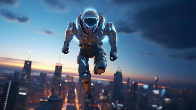 Un personaggio 3D futuristico che vola nel cielo su un jetpack elegante