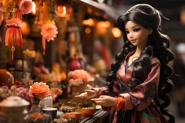 un personaggio Barbie con il tema Barbie Traditional Street Vendor in Corea amp India