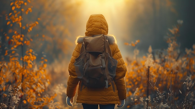 Un personaggio con uno zaino vaga attraverso una foresta sotto la luce del sole