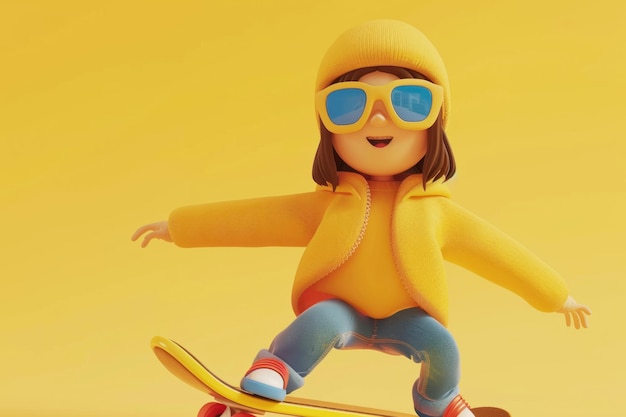 Un personaggio cool e alla moda di skateboard con un'illustrazione in stile rendering
