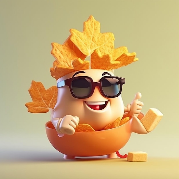 Un personaggio dei cartoni animati che indossa occhiali da sole e tiene in mano una foglia con sopra la parola acero.
