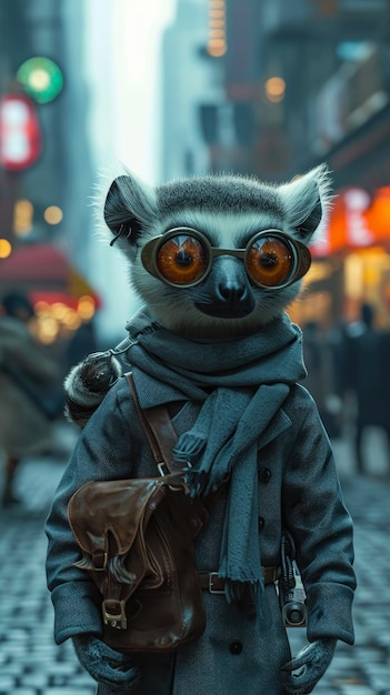 Un personaggio dei cartoni animati che indossa occhiali e una sciarpa sta camminando per una strada della città