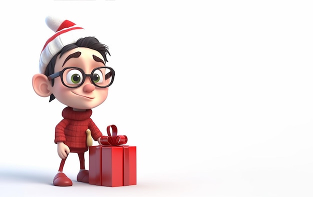 Un personaggio dei cartoni animati che indossa un abito di Babbo Natale tiene un regalo
