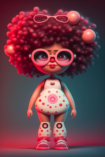 Un personaggio dei cartoni animati con capelli e occhiali rosa e un cerchio rosa con sopra la parola amore