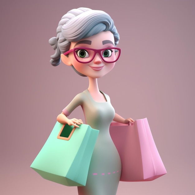 Un personaggio dei cartoni animati con gli occhiali rosa che tiene due borse della spesa.