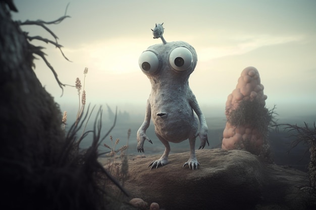 Un personaggio dei cartoni animati con grandi occhi si erge su una roccia con un cielo nuvoloso sullo sfondo.