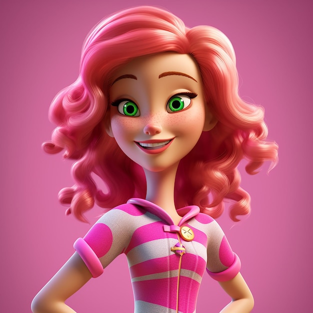 Un personaggio dei cartoni animati con i capelli rosa e gli occhi verdi indossa una maglietta a righe rosa e bianche.