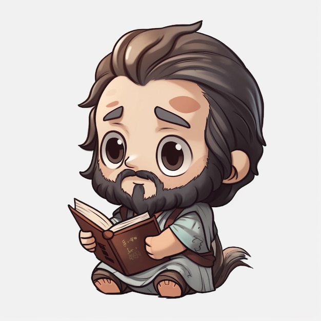 Un personaggio dei cartoni animati con la barba che legge un libro.