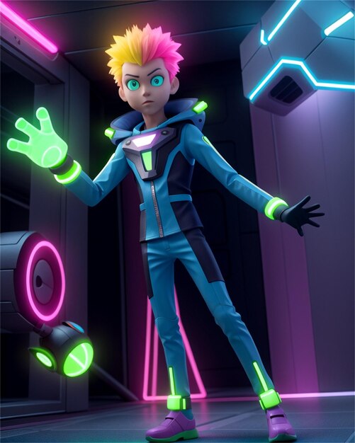 un personaggio dei cartoni animati con luci al neon e un tubo al neon verde.