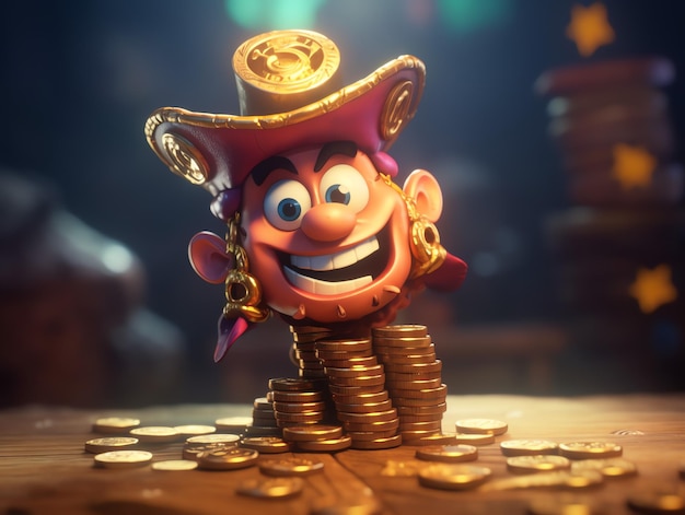 Un personaggio dei cartoni animati con sopra un cappello e delle monete d'oro.