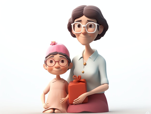 Un personaggio dei cartoni animati con un bambino e un regalo