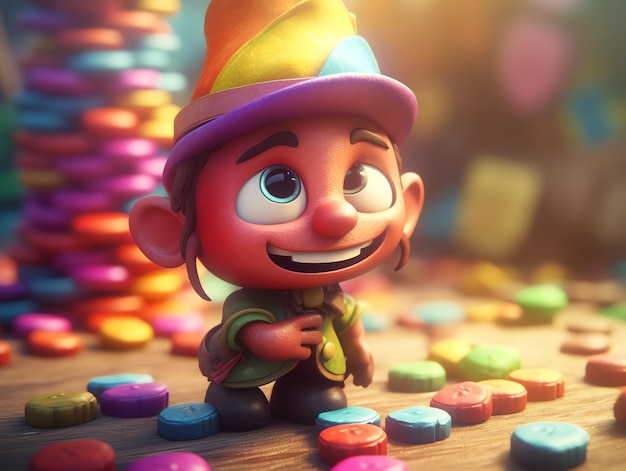 Un personaggio dei cartoni animati con un cappello arcobaleno e un cappello color arcobaleno si trova davanti a un mucchio di caramelle.