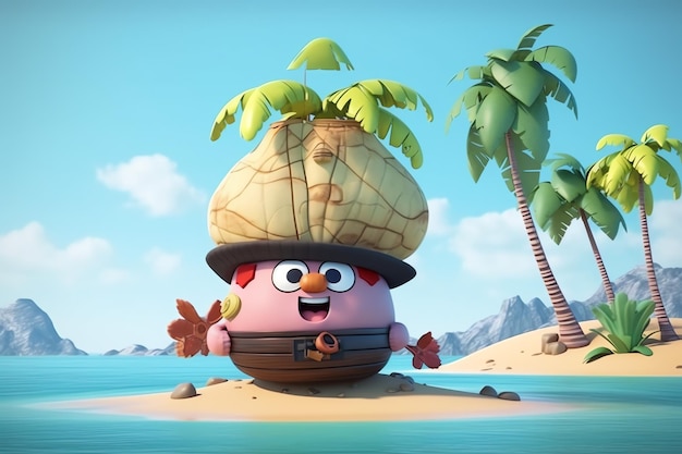 Un personaggio dei cartoni animati con un cappello e una palma sulla schiena